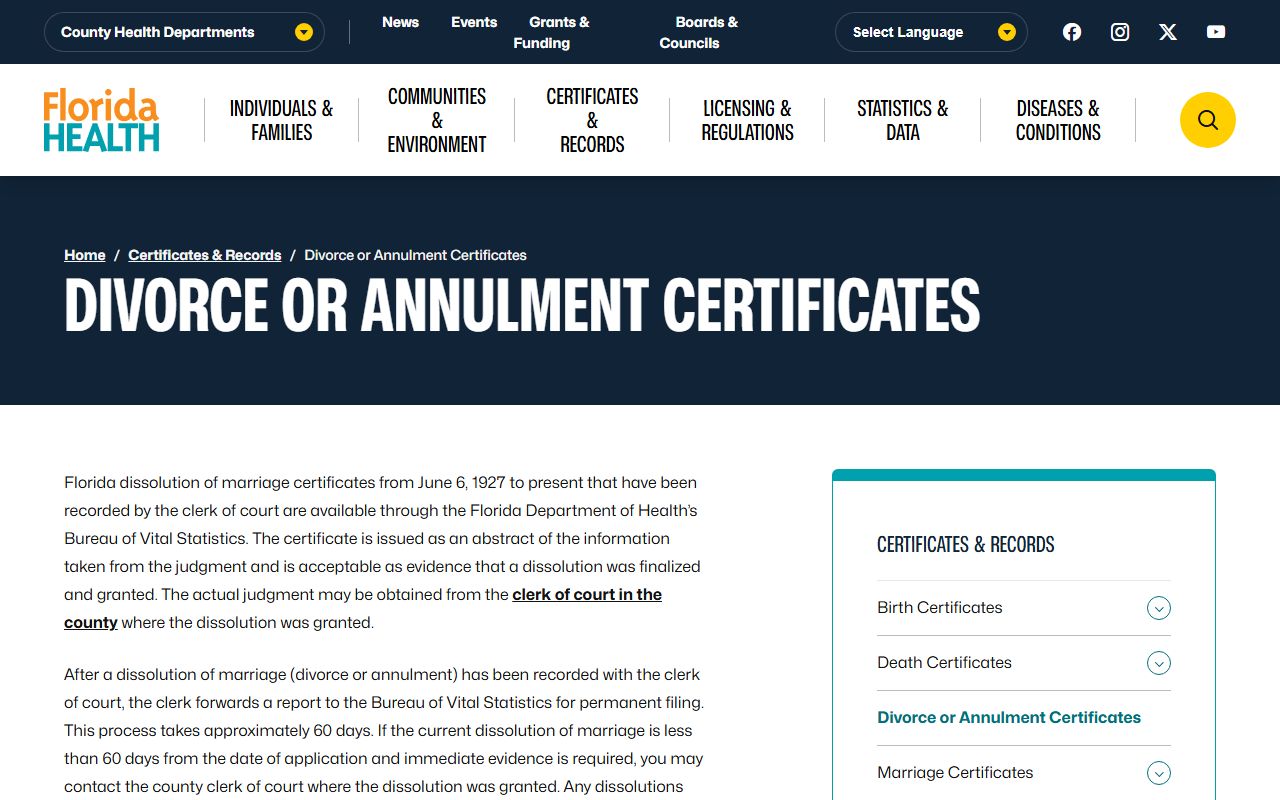 Florida divorce records source